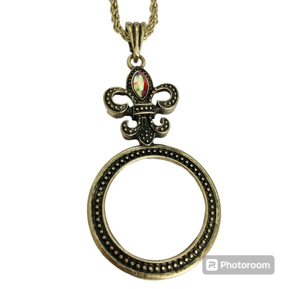 Gold Fleur de Lis Necklace 29" X-Long Magnifying Glass Vintage Plus Size Plated - Picture 2 of 16